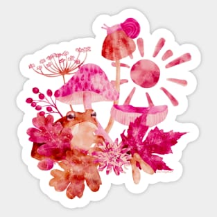 Pink Fall Toad and Mushrooms Watercolor Illustration Sticker